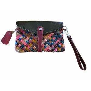 Leather Wristlet  Colorful Clutch Y2K Travel Weave Color Block